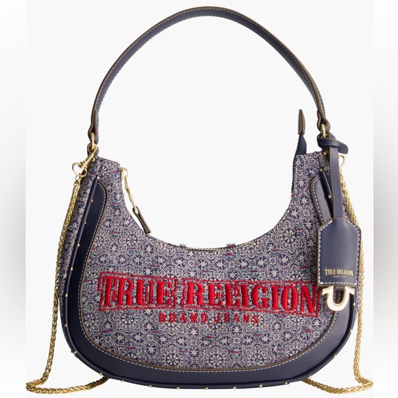 NWT True Religion Blue and Red Small Hobo Bag with Metallic Accents - Picture 1 of 10